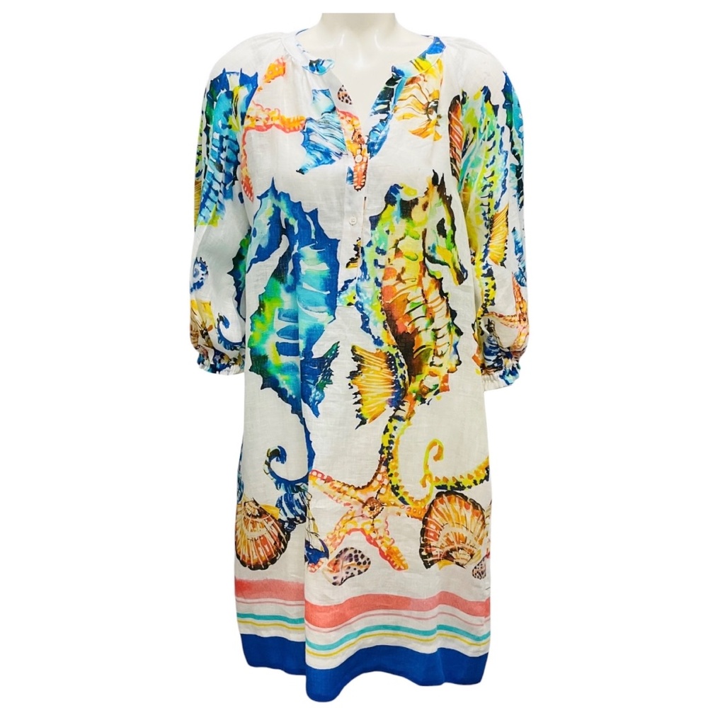 SARA ROKA WHITE MULTI LINEN CANDELY DRESS